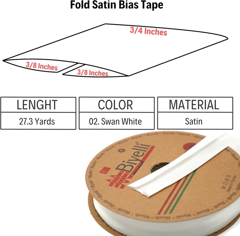 Biyelli Fold Satin Bias Tape - 99+ Colors - 3/4 Inches Wide - 27 Yards - Fold Satin Binding Bias Ribbon Fabric Piping Bias Binding Tape for Sewing Clothing DIY (02. Swan White) BYS02 - Image 2